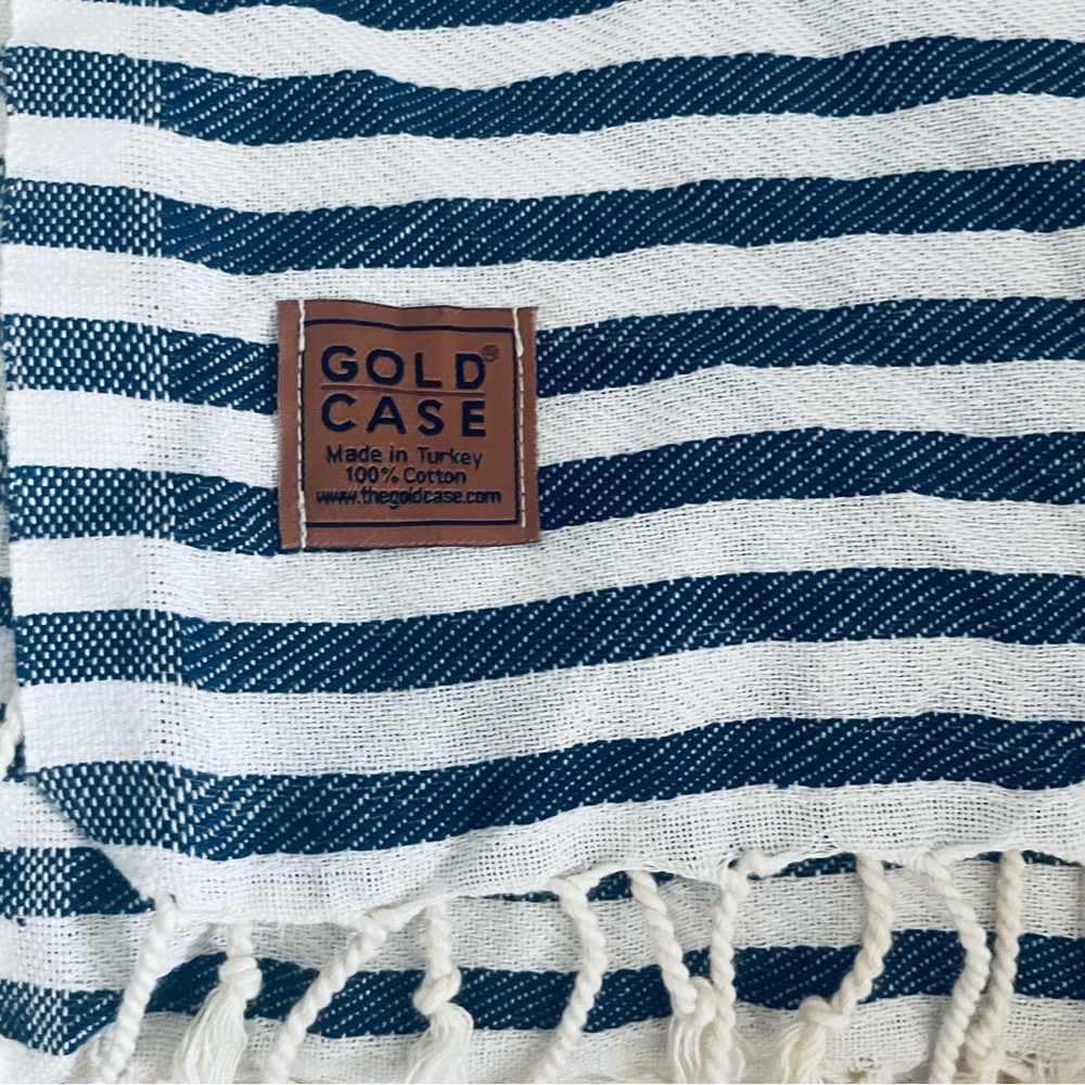 Gold Case Blue and White Stripe Turkish fringe Cotton Peshtamel Towel Wrap - Picture 9 of 16